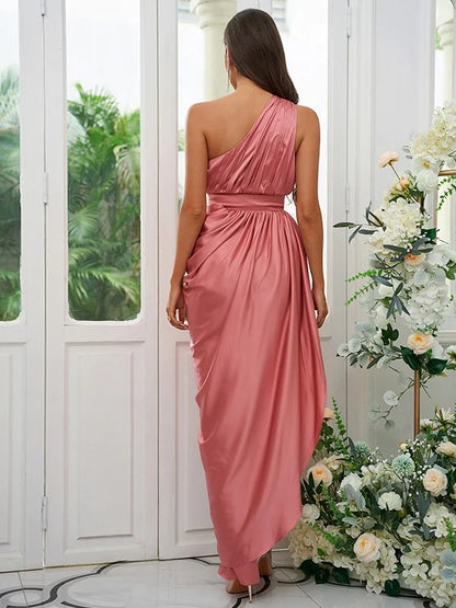 A-line one-shoulder bridesmaid dress with ruffles, front view.