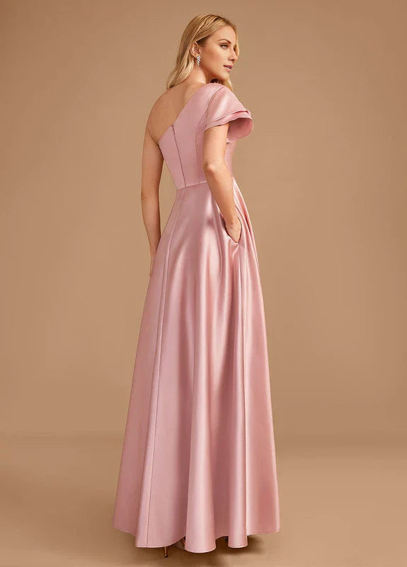 Elegant A-Line One-Shoulder Ruffle Sleeve Satin High-Slit Maxi Evening Dress