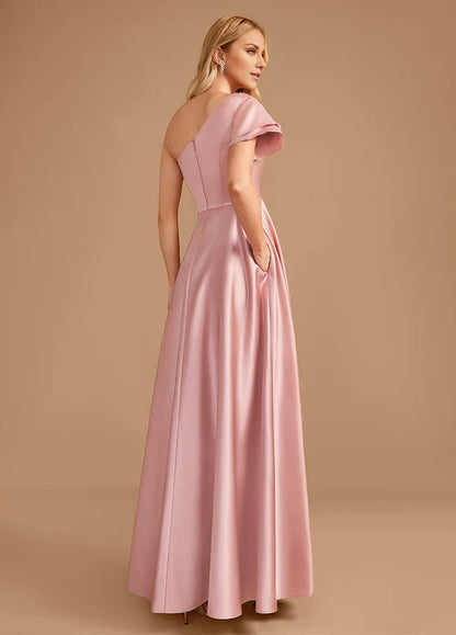 Elegant A-Line One-Shoulder Ruffle Sleeve Satin High-Slit Maxi Evening Dress