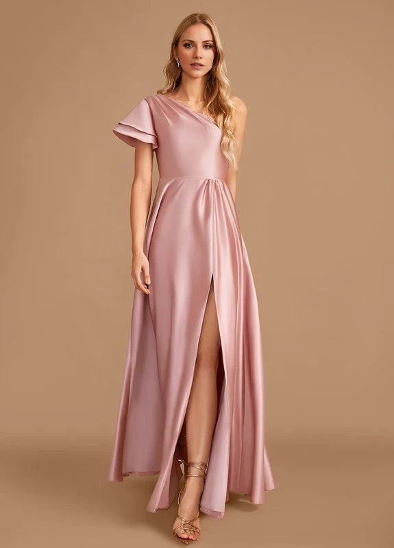 Elegant A-Line One-Shoulder Ruffle Sleeve Satin High-Slit Maxi Evening Dress