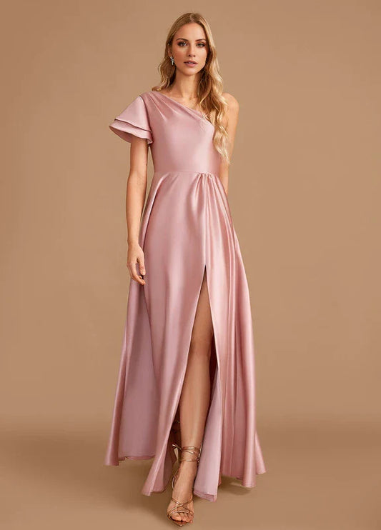 Elegant A-Line One-Shoulder Ruffle Sleeve Satin High-Slit Maxi Evening Dress