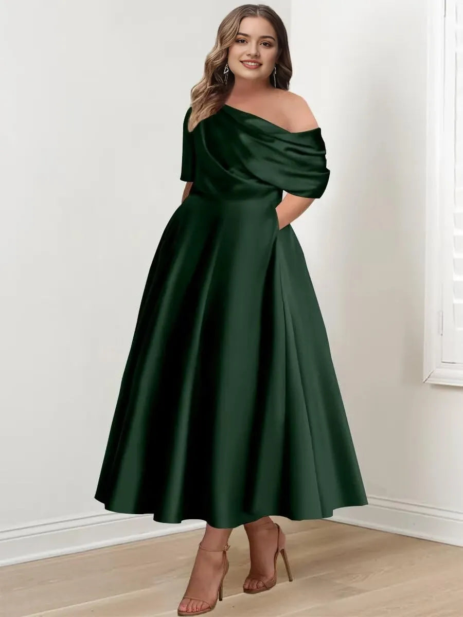 Elegant A-Line One-Shoulder Short Sleeve Draped Back Midi-Length Evening Dress