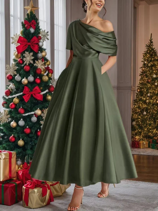 Elegant A-Line One-Shoulder Short Sleeve Draped Back Midi-Length Evening Dress