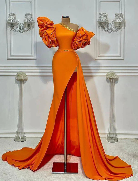 Full view of an elegant A-line one-shoulder floral satin evening gown with a high slit and court train.