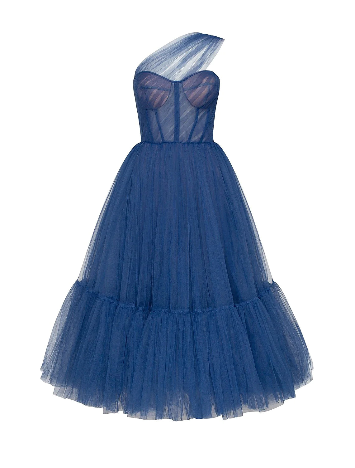 Model wearing an elegant A-line one-shoulder tulle dress with delicate pleats.