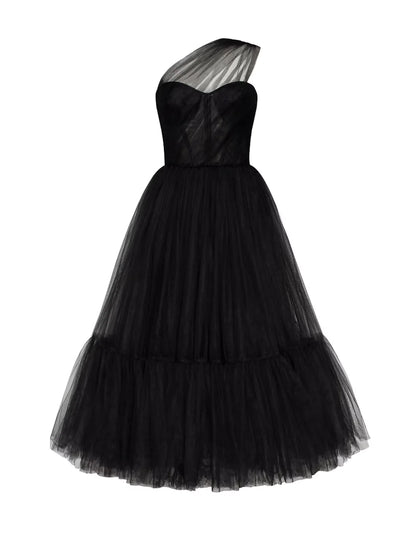 Full view of a model in a flowing A-line one-shoulder dress, perfect for special occasions.