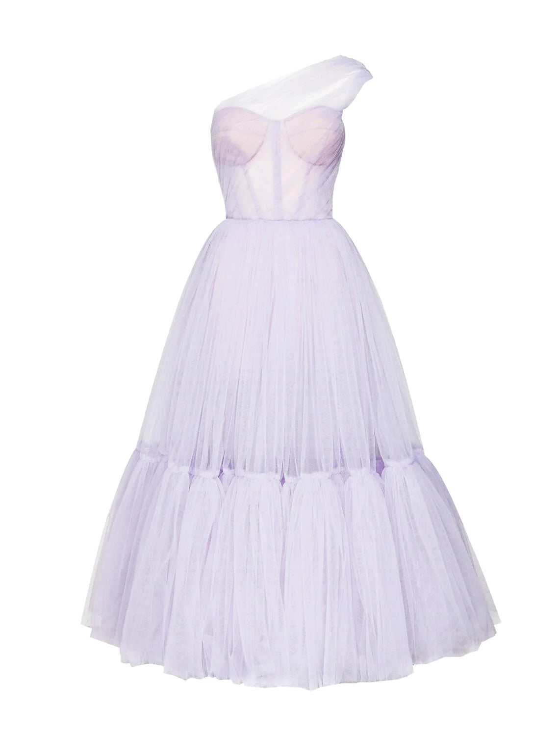 Detail of the pleated tulle fabric and one-shoulder neckline of the formal dress.