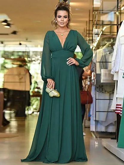 A-line chiffon bridesmaid dress with plunging neck and pleats, front view.