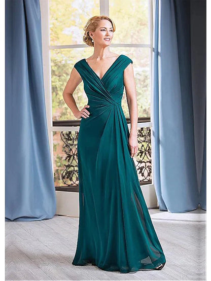 Model wearing an elegant A-Line Mother of the Bride dress with plunging neckline and ruched bodice.