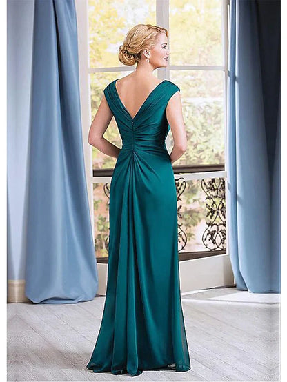Back view of a floor-length chiffon gown with a flowing skirt, suitable for formal events.