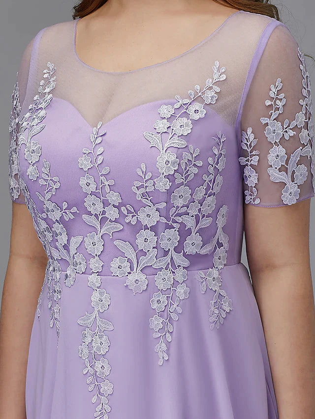 Side profile of a plus size model wearing a chiffon lace homecoming dress.