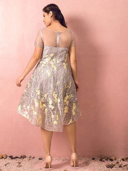 Back view of plus size A-line dress showing asymmetrical hem and lace.