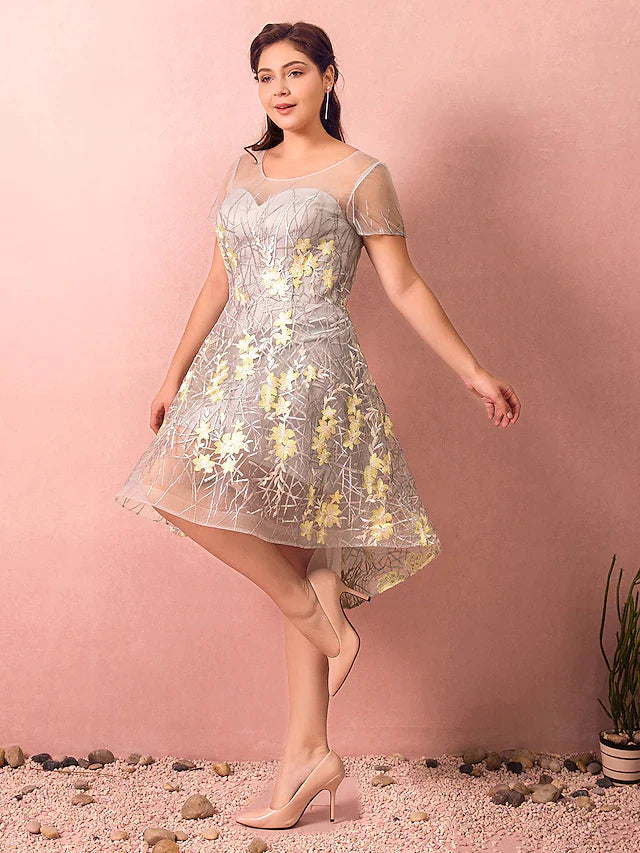 Full length view of woman wearing elegant plus size A-line party dress.