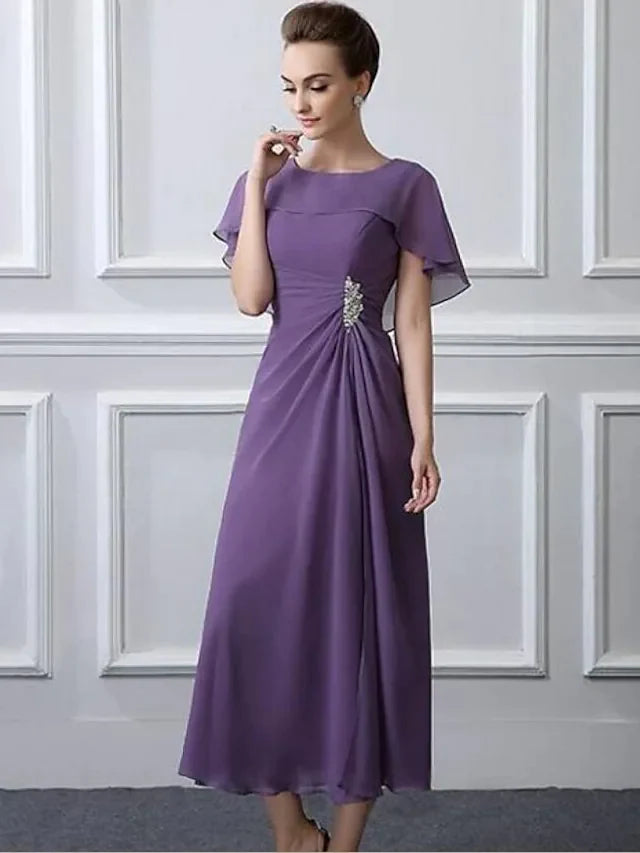 Elegant A-line plus size mother of the bride dress with bateau neck and short sleeves, front view.