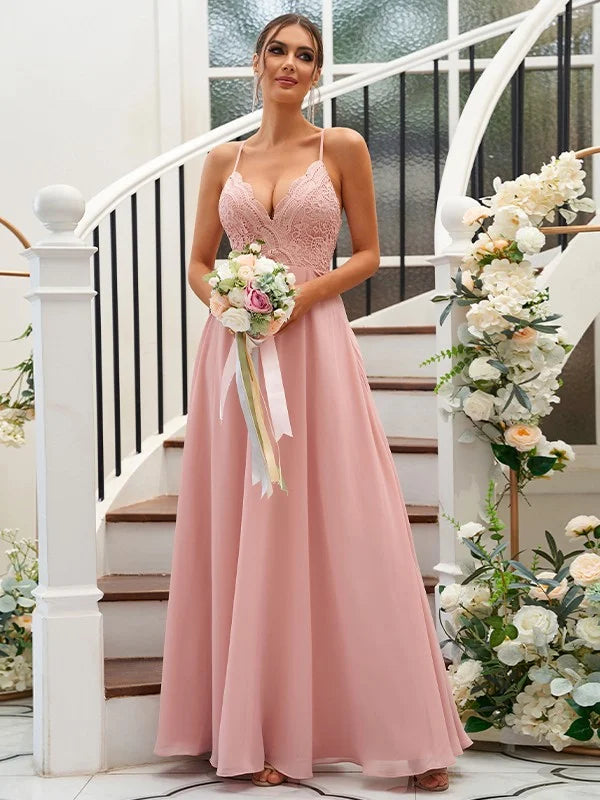 Close-up of the lace detail on the V-neck A-Line bridesmaid dress.