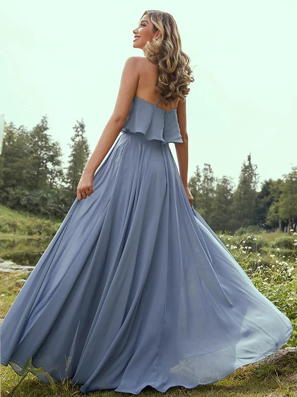 Back view of the floor-length A-line chiffon bridesmaid dress with flowing skirt.