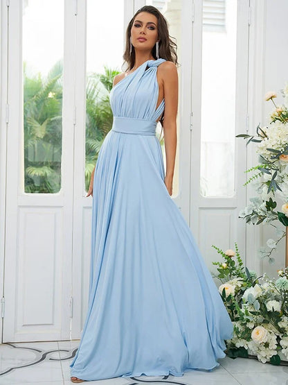 Model wearing an A-line halter ruffle floor-length bridesmaid dress, front view.