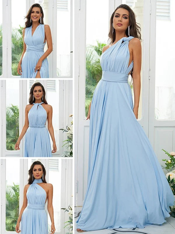 Model wearing an A-line halter ruffle floor-length bridesmaid dress, back view.