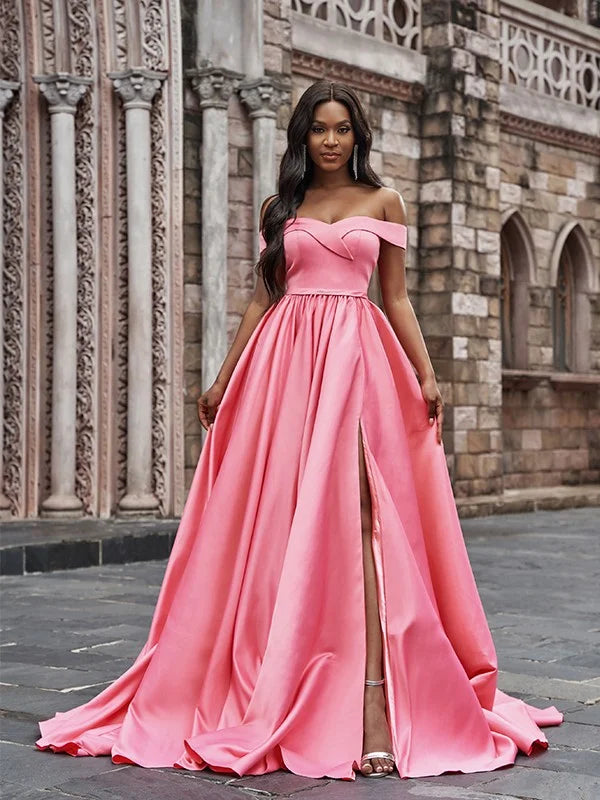 Elegant A-Line satin prom dress with off-the-shoulder ruffles and court train.