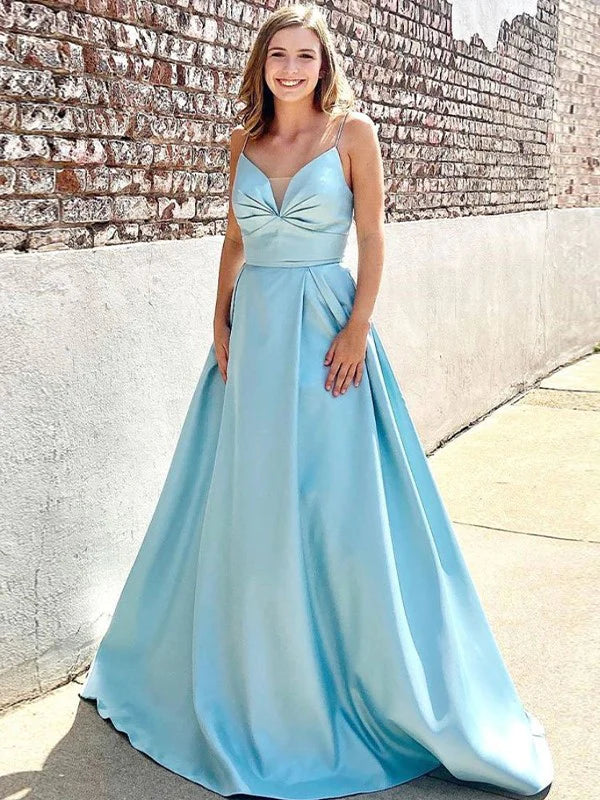 Light blue A-Line Princess satin prom dress with V-neck and ruched bodice.