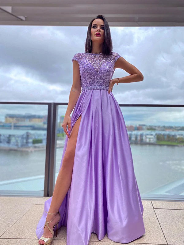 A-Line Princess satin prom dress with scoop neck, short sleeves, and beading.