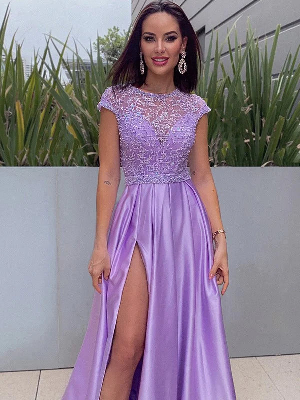 Front view of the A-Line Princess satin prom dress with short sleeves.