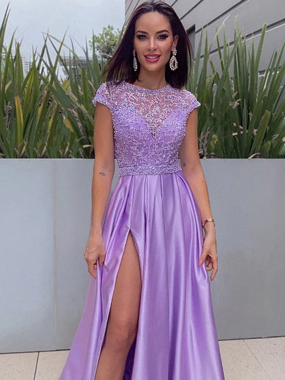Front view of the A-Line Princess satin prom dress with short sleeves.