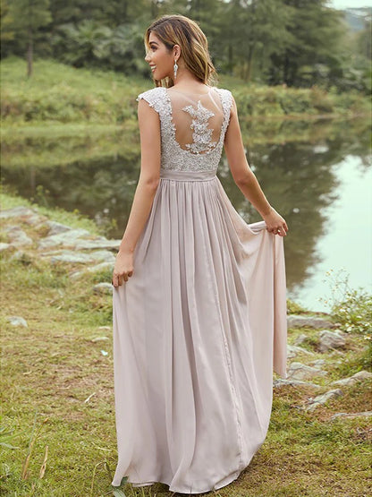 Close-up of the A-line chiffon bridesmaid dress, showing applique details and fabric texture.