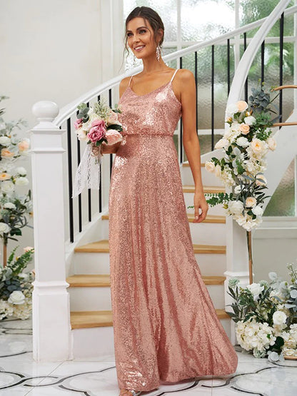Side view of an elegant A-line bridesmaid gown.