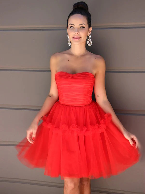 Elegant A-Line Princess strapless mini homecoming dress in sky blue with tulle ruffles.