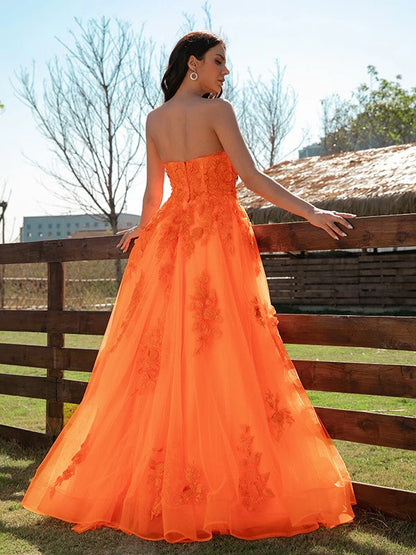 Back view of A-Line princess tulle applique sweetheart sleeveless floor-length prom dress.