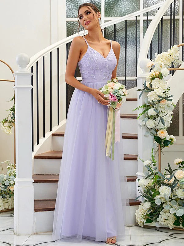 A-Line Princess Tulle Applique Bridesmaid Dress, V-neck, floor-length.