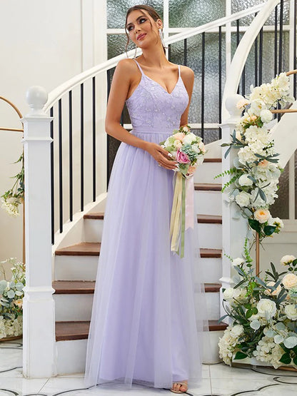 A-Line Princess Tulle Applique Bridesmaid Dress, V-neck, floor-length.