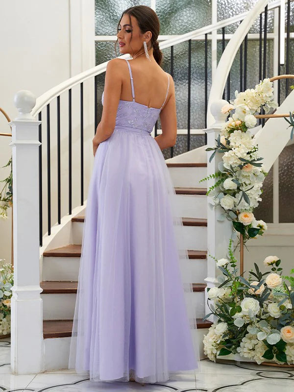 Full view of the elegant A-Line Tulle Applique Bridesmaid Gown.