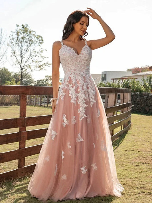Elegant A-Line Princess Tulle Prom Dress with V-neck and appliques, front view.