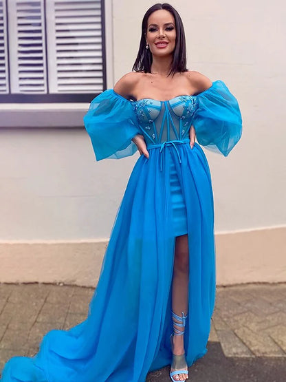 Full length view of the A-line princess tulle dress, showcasing its silhouette.