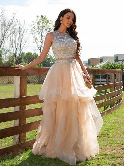Back view of the floor-length A-Line two-piece dress, showcasing the flowing tulle skirt.