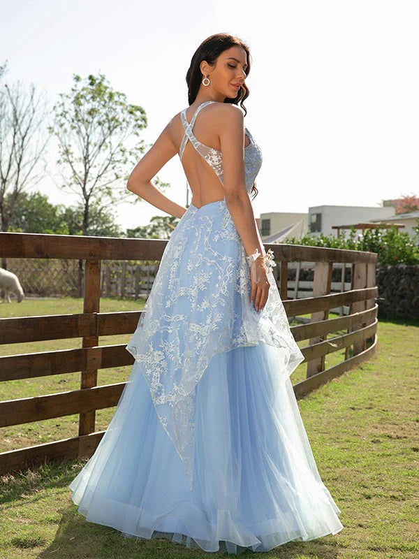 Back view of the A-line princess tulle lace prom dress, showing intricate details.