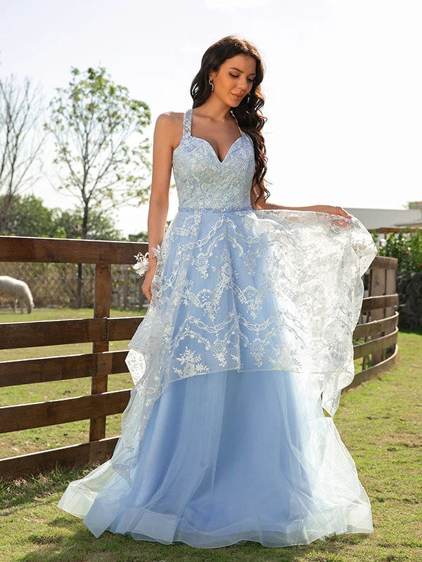 Side profile of the A-line princess tulle lace prom dress, highlighting the silhouette.