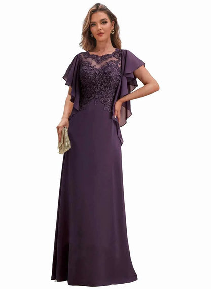 Elegant A-Line Round-Neck Cape-Sleeve Lace-Back Maxi Evening Dress