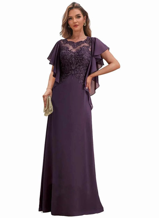 Elegant A-Line Round-Neck Cape-Sleeve Lace-Back Maxi Evening Dress