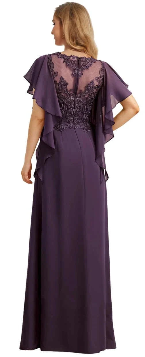 Elegant A-Line Round-Neck Cape-Sleeve Lace-Back Maxi Evening Dress