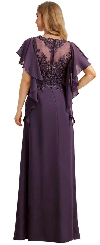Elegant A-Line Round-Neck Cape-Sleeve Lace-Back Maxi Evening Dress