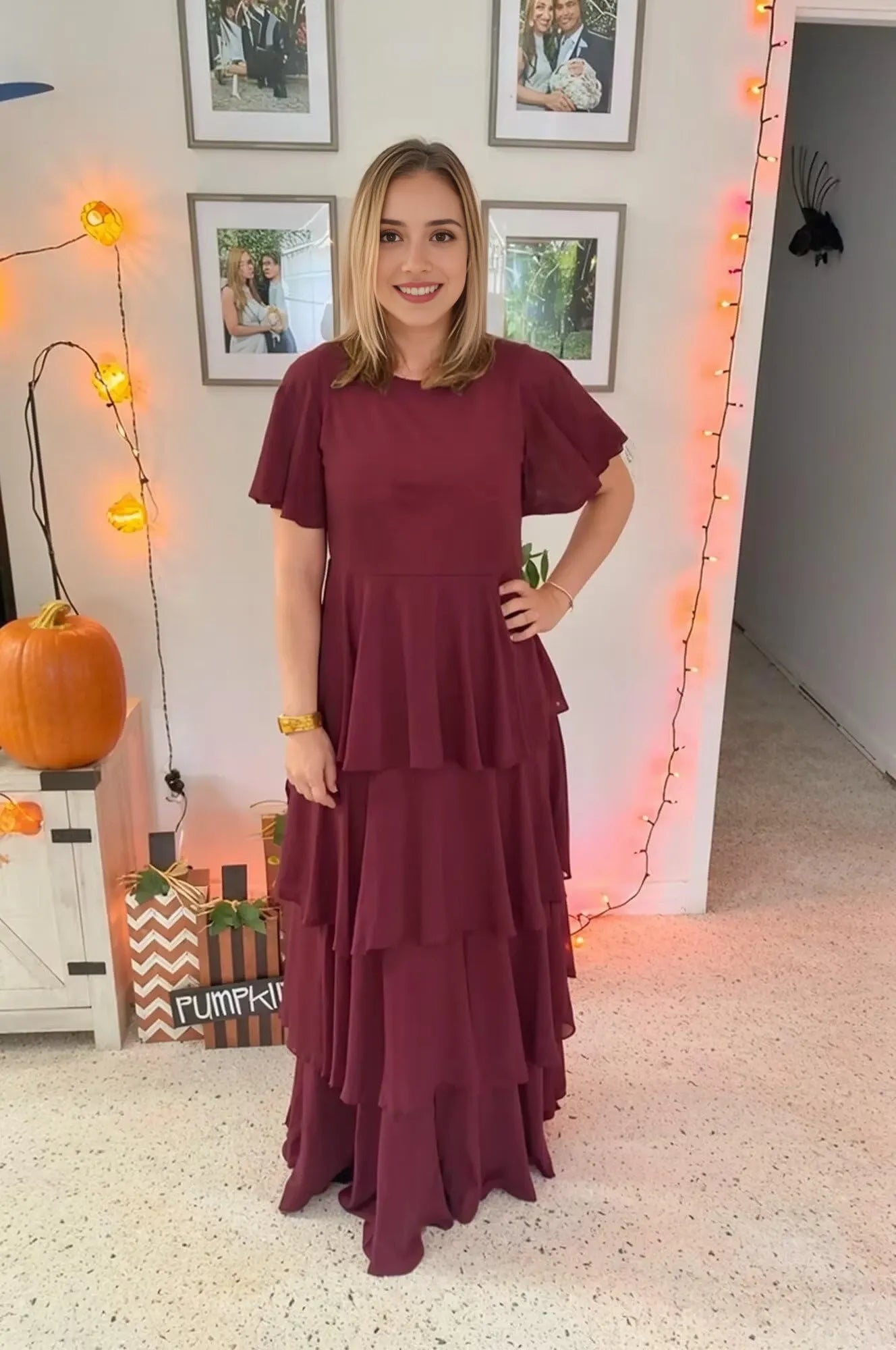 Elegant A-Line Round-Neck Ruffle-Sleeve V-Back Tiered Maxi Evening Dress