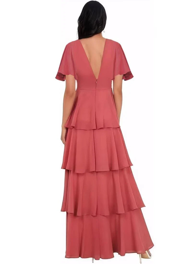 Elegant A-Line Round-Neck Ruffle-Sleeve V-Back Tiered Maxi Evening Dress