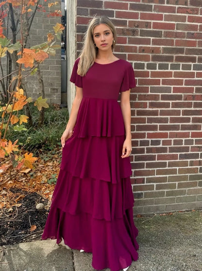Elegant A-Line Round-Neck Ruffle-Sleeve V-Back Tiered Maxi Evening Dress