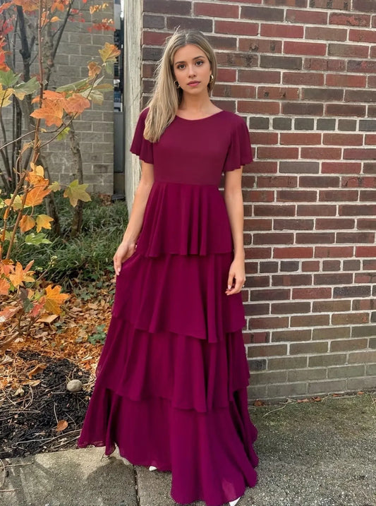 Elegant A-Line Round-Neck Ruffle-Sleeve V-Back Tiered Maxi Evening Dress
