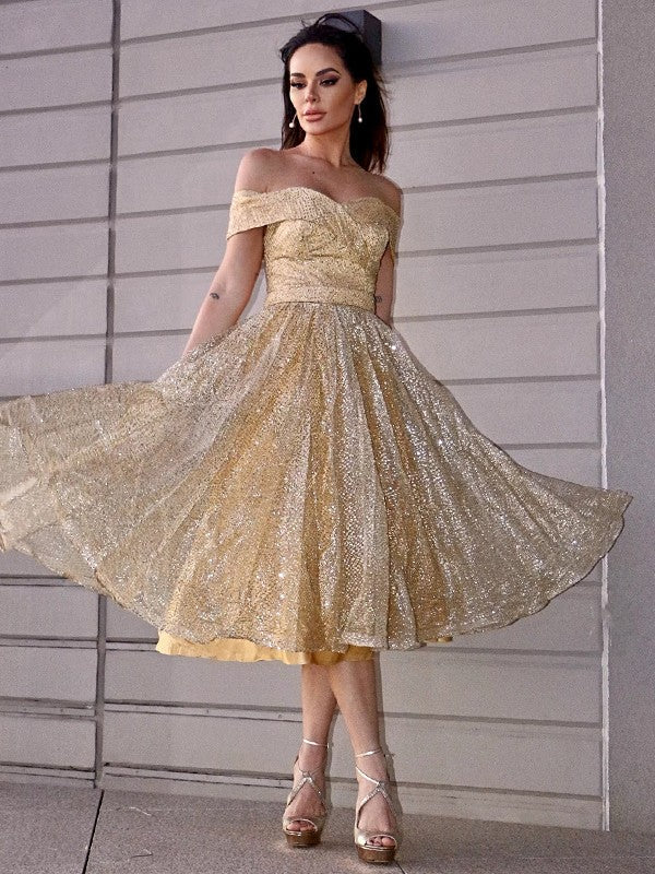 Elegant A-line ruched off-shoulder tea-length light blue homecoming dress.