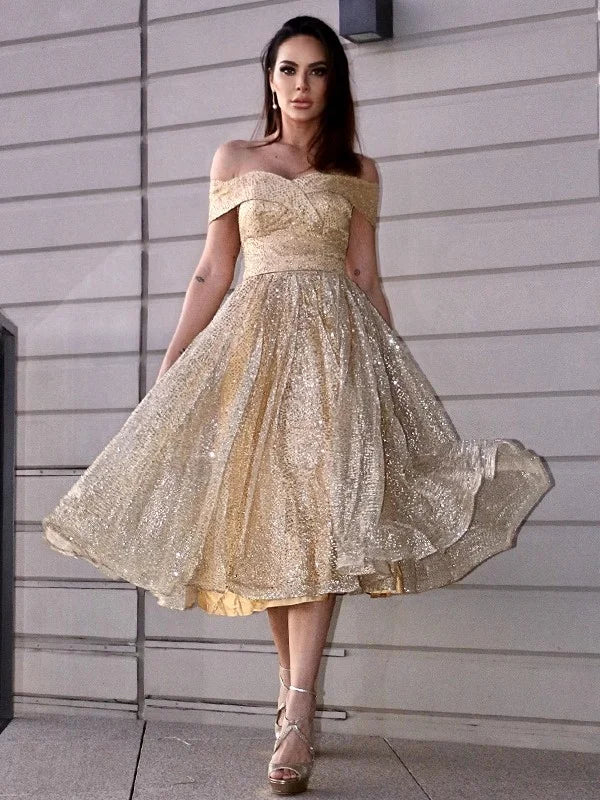 Front view of the light blue A-line ruched off-shoulder tea-length dress.
