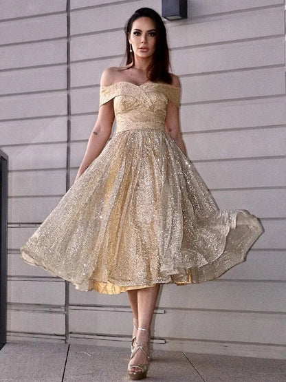 Front view of the light blue A-line ruched off-shoulder tea-length dress.